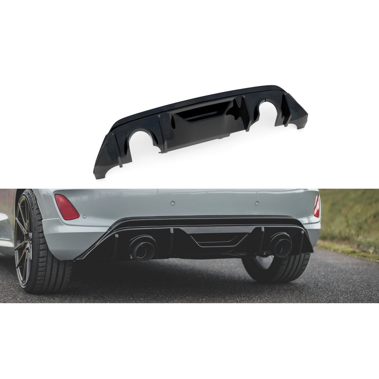 Heckansatz Diffusor passend für Ford Fiesta ST mk8 schwarz Hochglanz+Milltek Sport Auspuffverlängerung poliert
