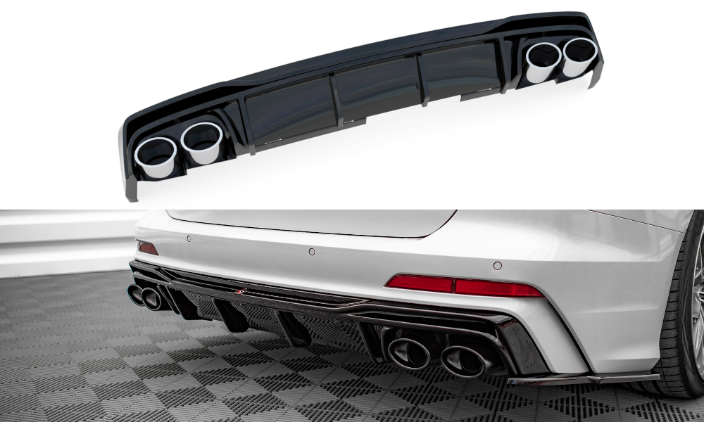 Street+ Heck Ansatz Diffusor + Endrohre chrom passend für Audi A6 S-Line / S6 C8 / C8 FL schwarz Hochglanz